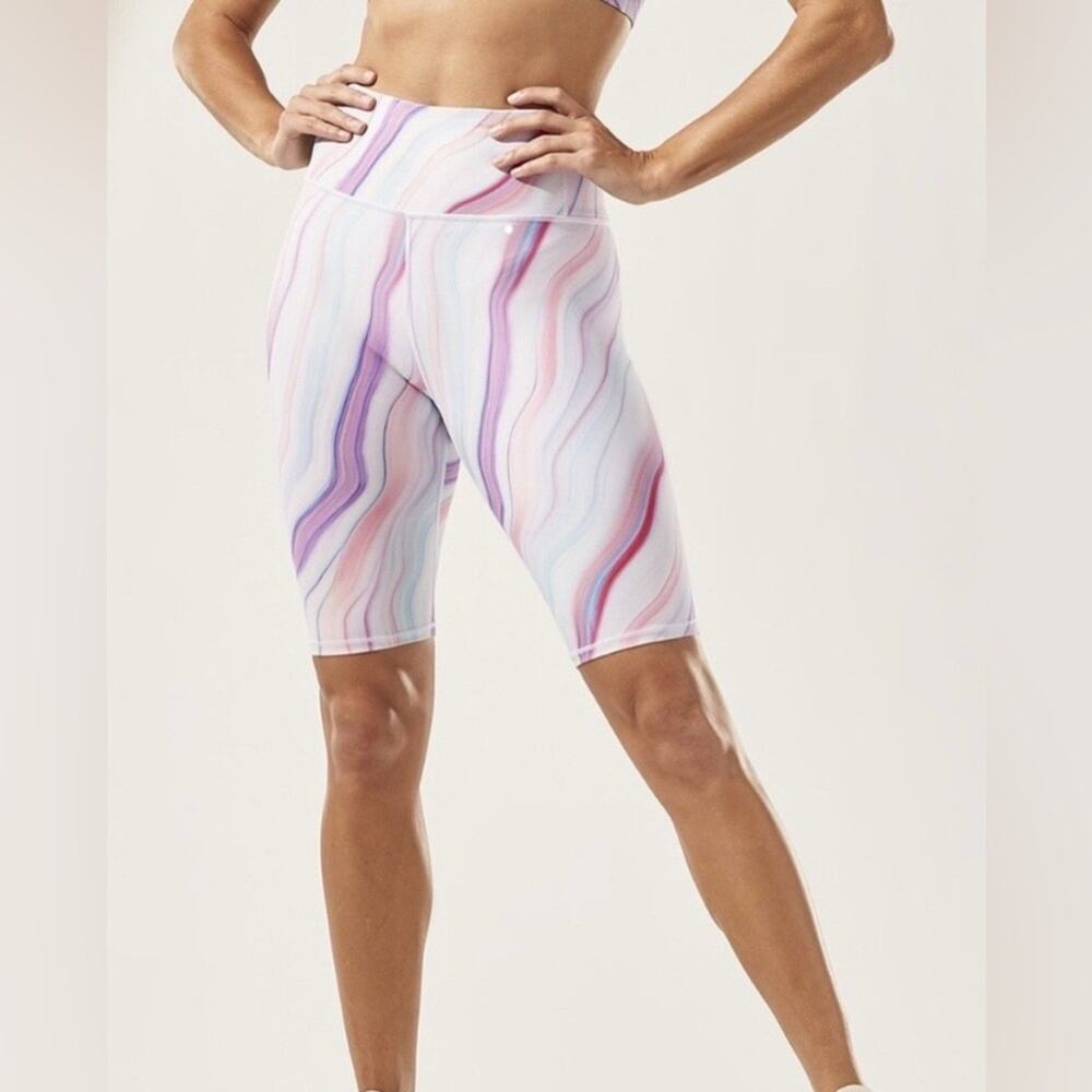 Athleta Love Proudly 7" Bike Short Womens S White Pink Pockets Drawstring Logo